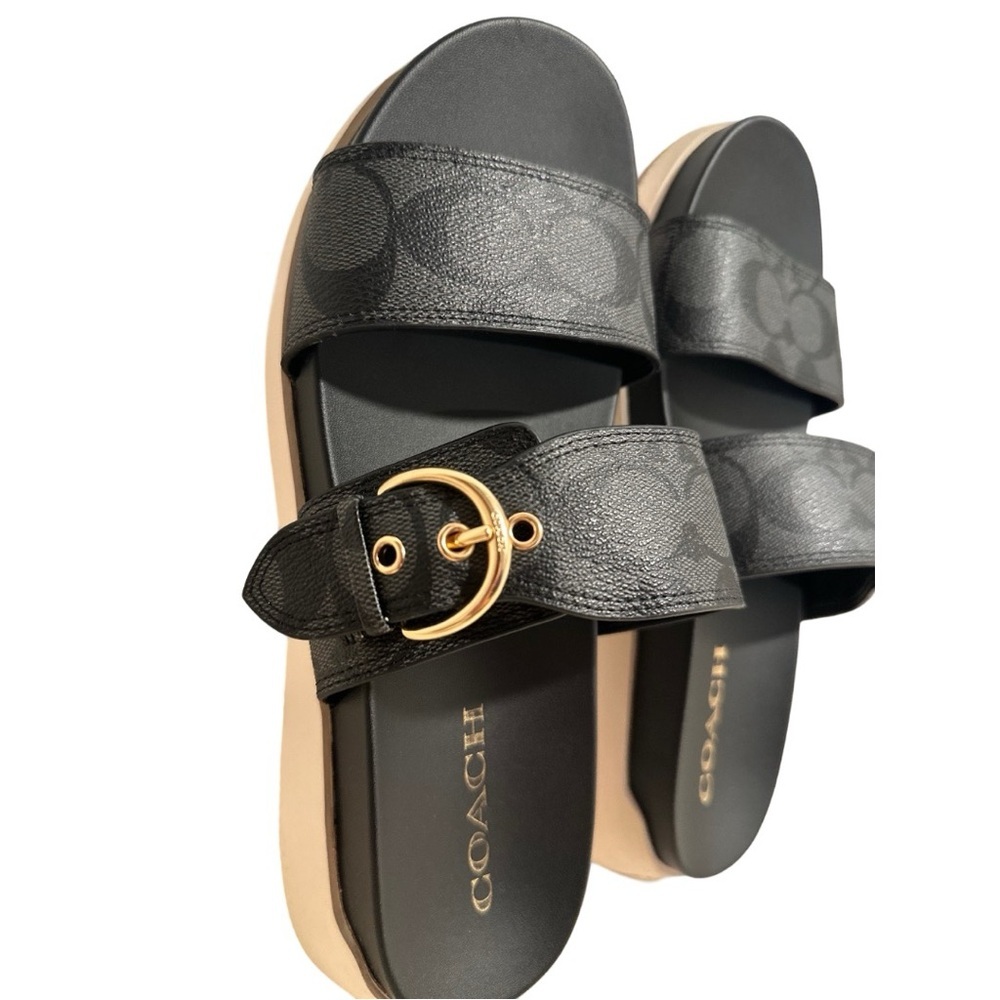 COACH Gwen Signature Black Golden Buckle Leather Strap Sandals 8B US / 38.5 EU - Picture 7 of 16